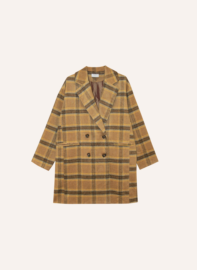 Manteau doublé à carreaux beige oversize avec poches à l'avant coupe ample vêtement hiver femme