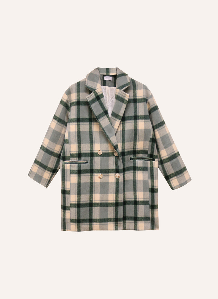 Manteau à carreaux verts coupe oversize avec deux poches devant vêtement hiver femme