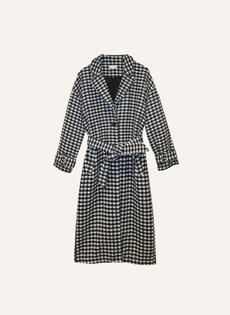 Manteau droit long à carreaux noir et blanc avec ceinture amovible vêtement hiver femme