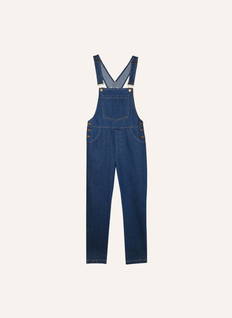 Salopette pantalon en denim bleu avec jambes droites et bretelles ajustables en coton vêtement femme