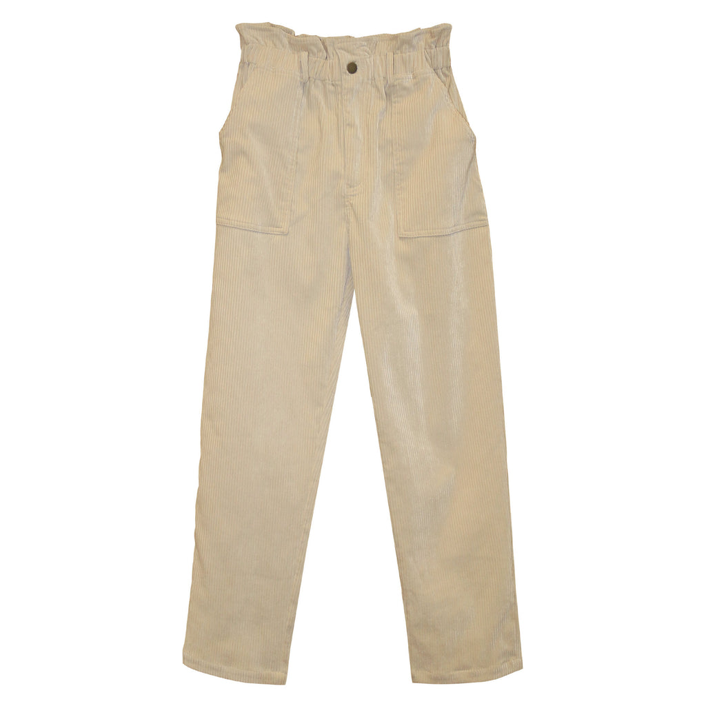 Pantalon en velours beige avec taille élastiquée et poches italiennes à l'avant vêtement femme