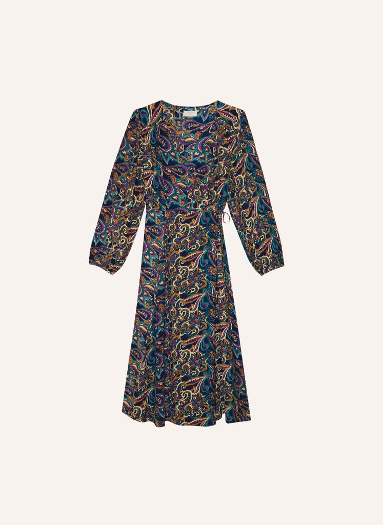 Robe portefeuille imprimée à longueur midi manches longues boutonnées et col V vêtement femme 