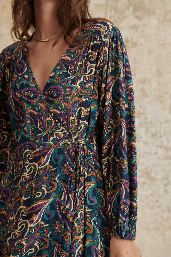 Robe portefeuille imprimée à longueur midi manches longues boutonnées et col V vêtement femme 