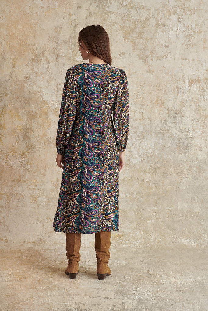 Robe portefeuille imprimée à longueur midi manches longues boutonnées et col V vêtement femme 