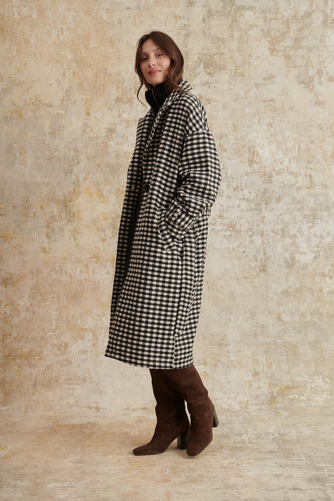 Manteau droit long à carreaux noir et blanc avec ceinture amovible vêtement hiver femme