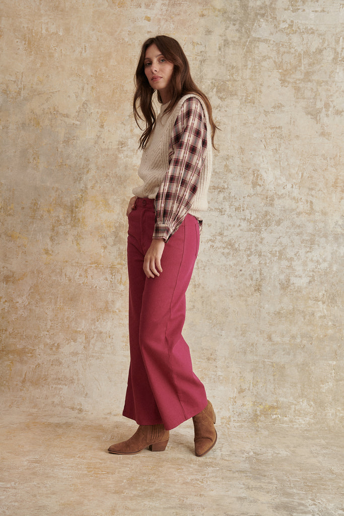 Pantalon taille haute et jambes larges sangria avec 4 poches bas femme toutes saisons