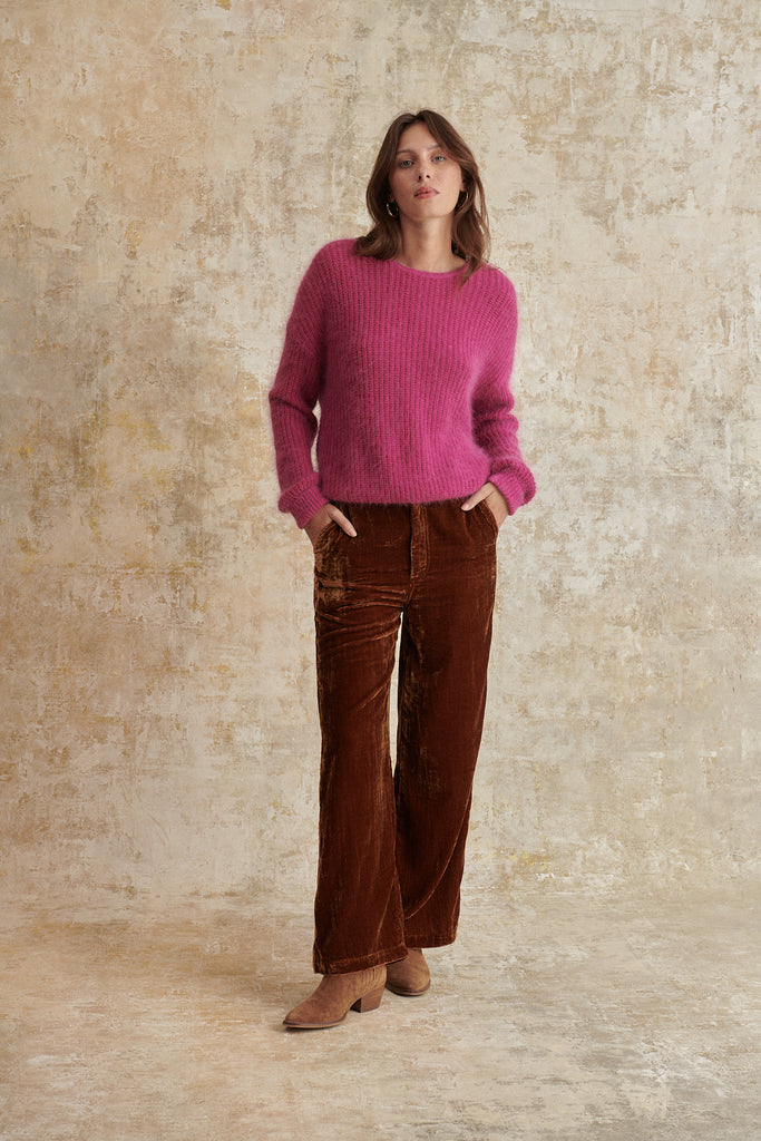 Pantalon taille haute en velours avec passant coloris ocre vêtement femme hiver automne