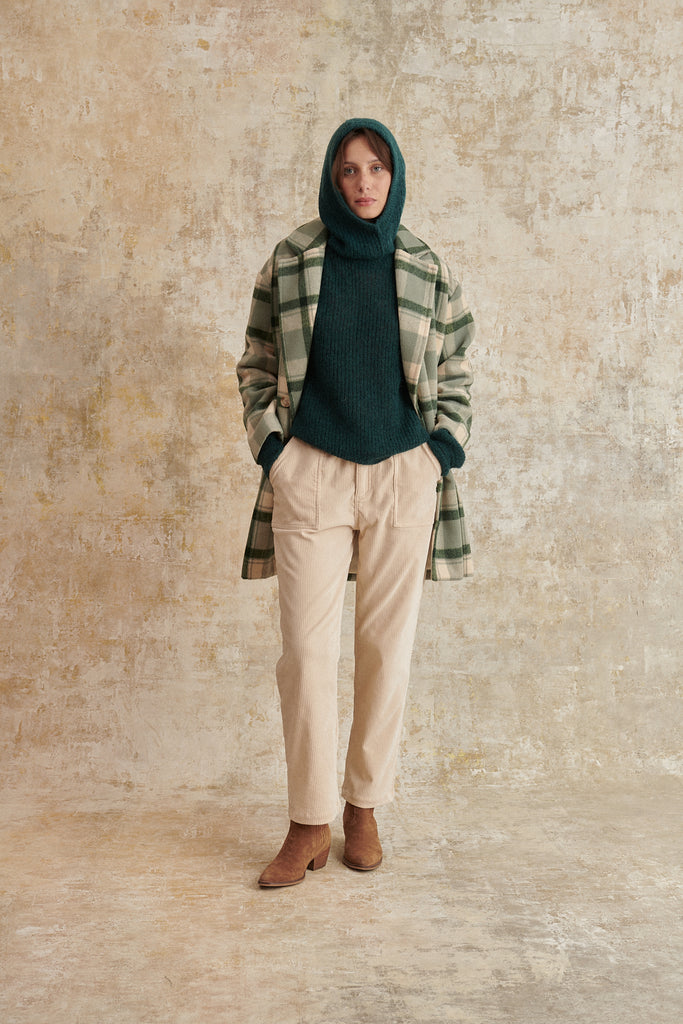 Manteau à carreaux verts coupe oversize avec deux poches devant vêtement hiver femme
