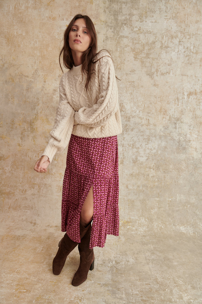 Jupe midi imprimée avec taille élastiquée et fente sur le côté jupe mi-longue mode femme 