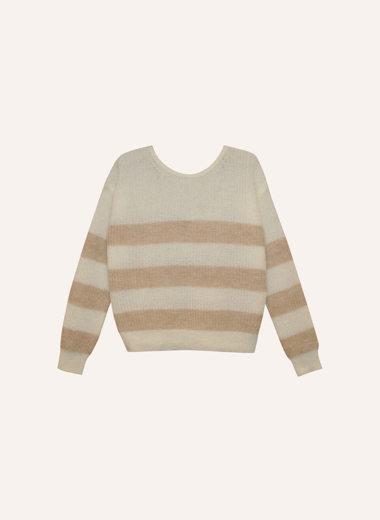 Pull à rayures écru avec encolure ronde avant et V dans le dos pull femme col rond