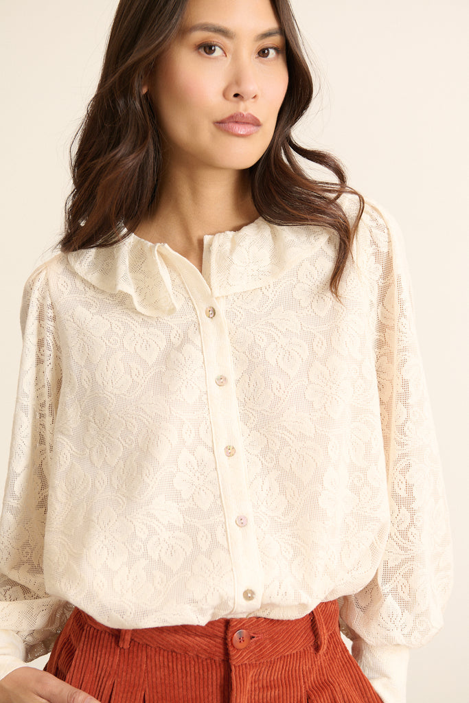 Tissu 100 % coton en dentelle ajourée, motifs floraux réguliers brodés ton sur ton sur l'ensemble de la blouse. 