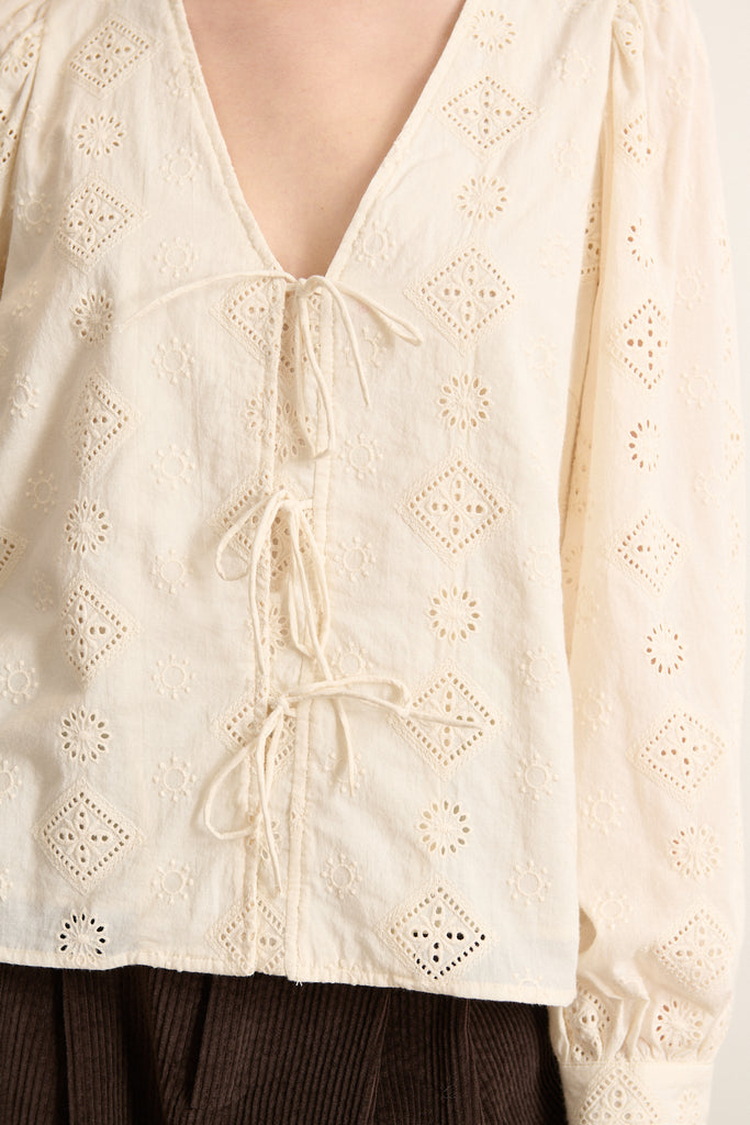 Tissu 100 % coton ajouré esprit broderie anglaise, motifs floraux brodés ton sur ton sur toute la surface de la blouse. 