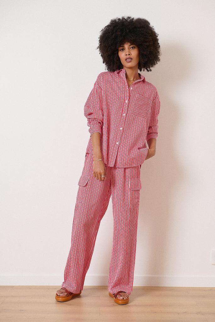 Chemise 100% coton coupe ample et fluide en tissu jacquard avec motifs mix rayures et pois à manches longues Garance Paris 