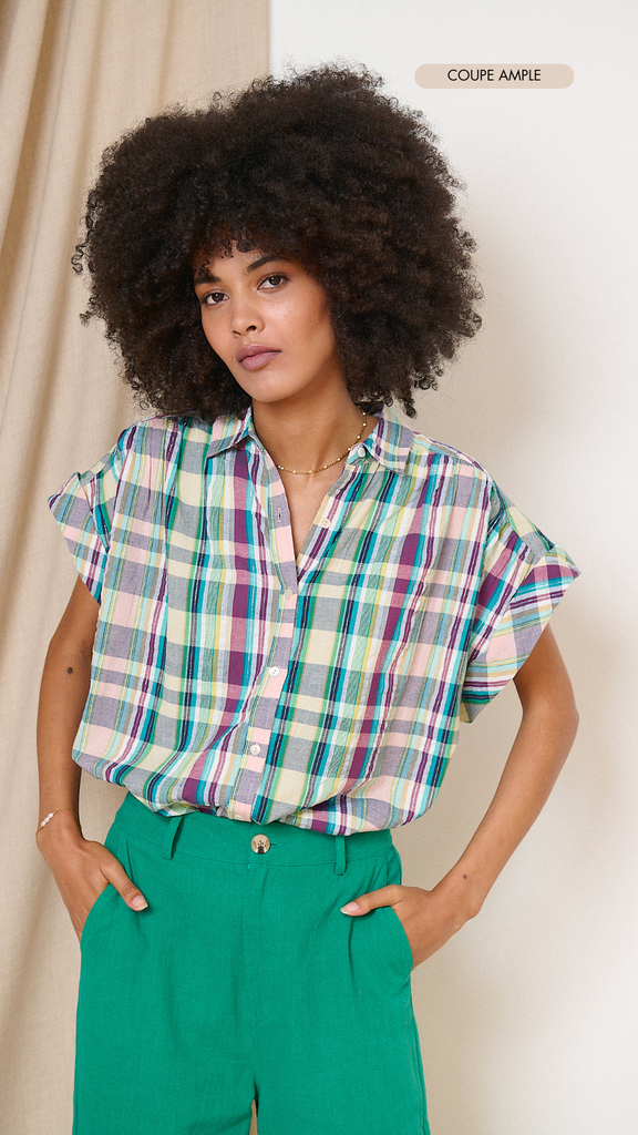 Chemise mulicolore coupe fluide et avec col chemise et manches couvrant l'épaule collection été femme Garance Paris 