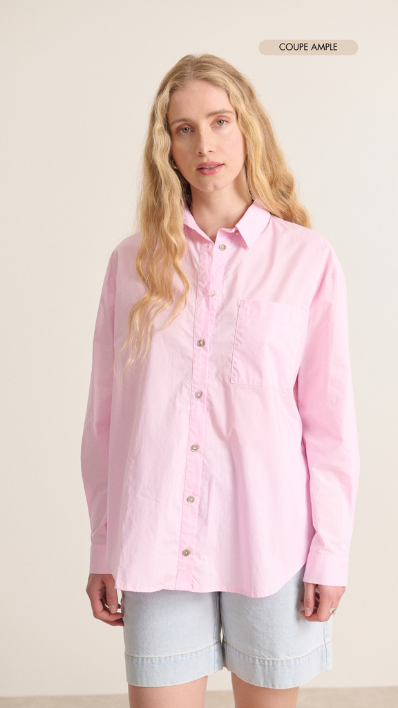 Chemise droite en coton naturel coloris rose poudré manches longues boutonnées poches poitrines haut Garance Paris 