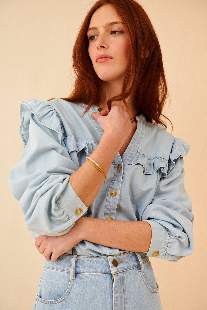 Blouse à volants effet jean manches longues bouffantes vêtement femme garance paris