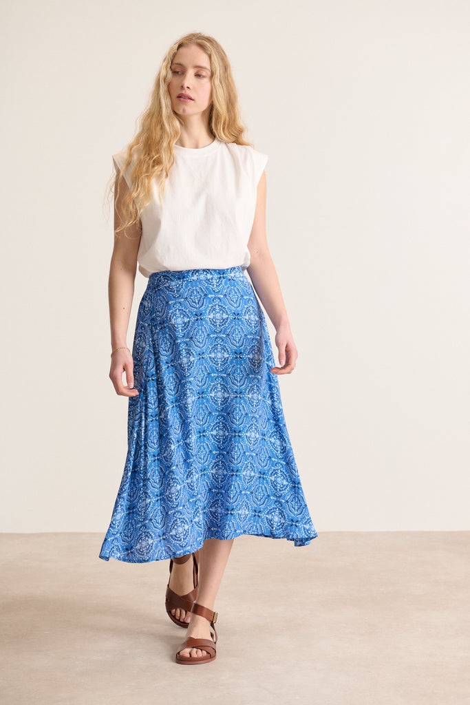 Bas fluide d'été coloris bleu avec motifs taille élastique au dos de la jupe tenue printemps été 