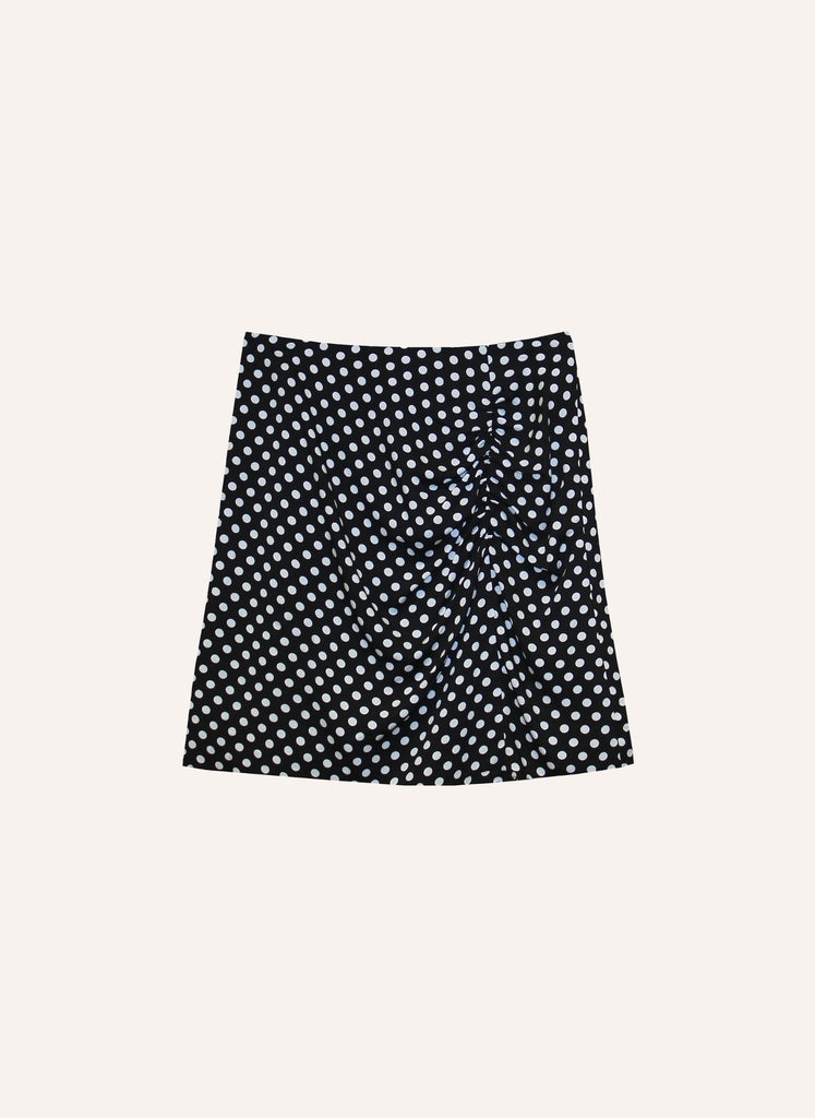 Jupe courte noire à pois blancs et avec détails de fronces à l'avant vêtement femme