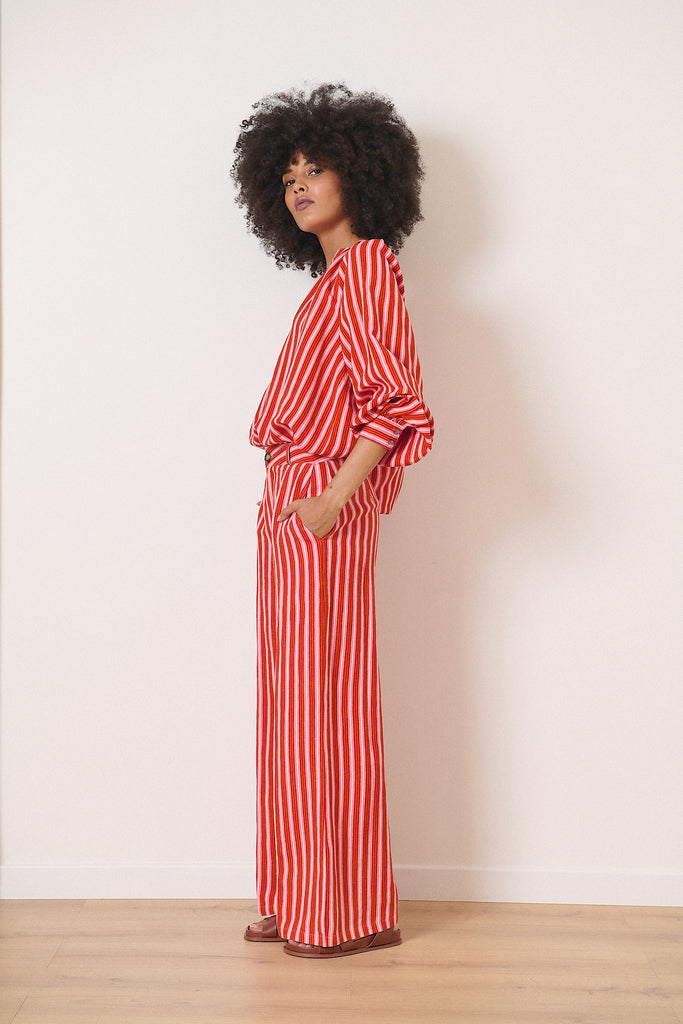Haut fluide printemps été motifs rayures blouse avec col V et manches longues avec poignets boutonnés emmanchures raglan
